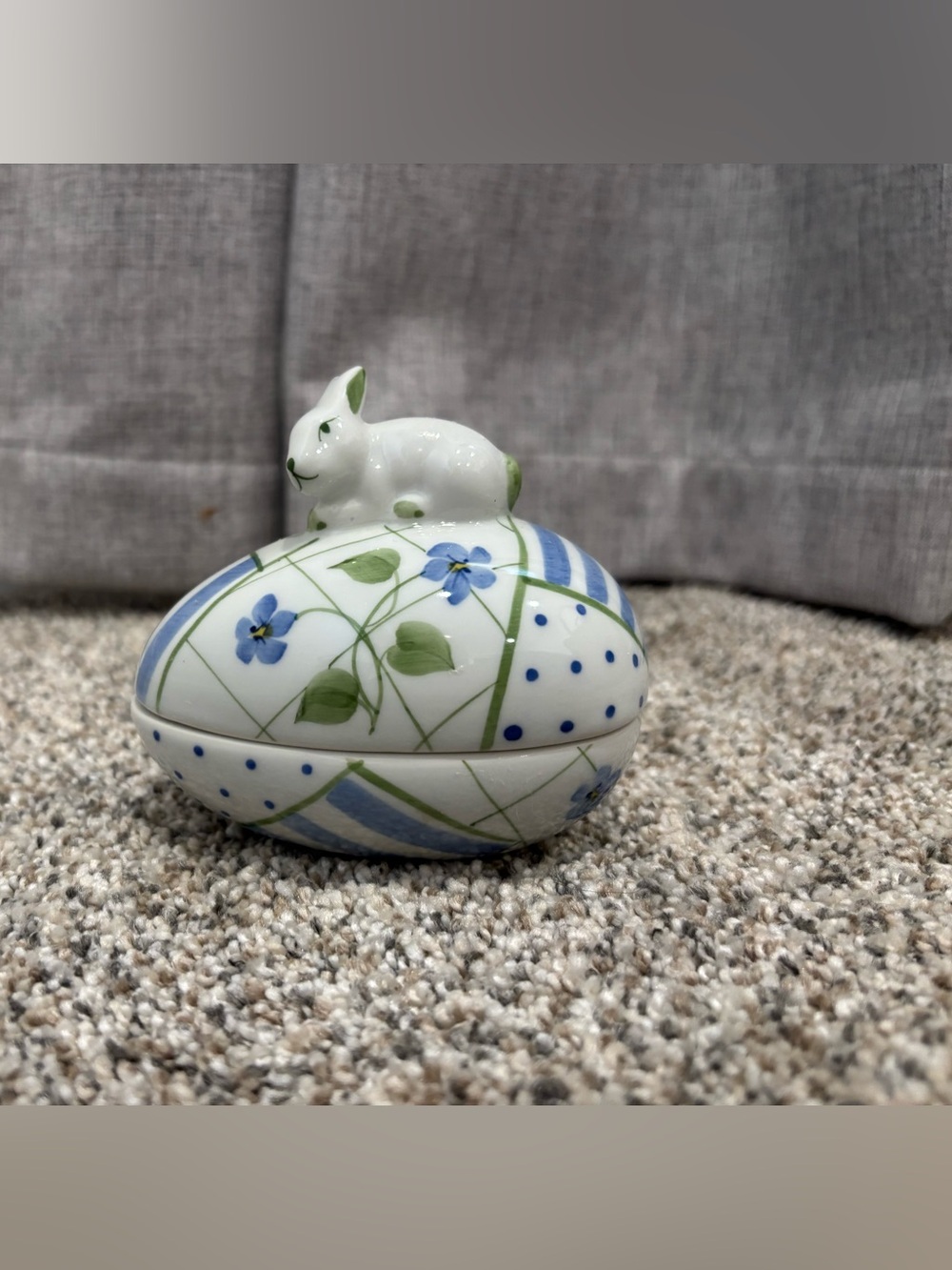 Andrea by Sadek White Porcelain Bunny Egg Trinket Box with Blue and Green Floral
